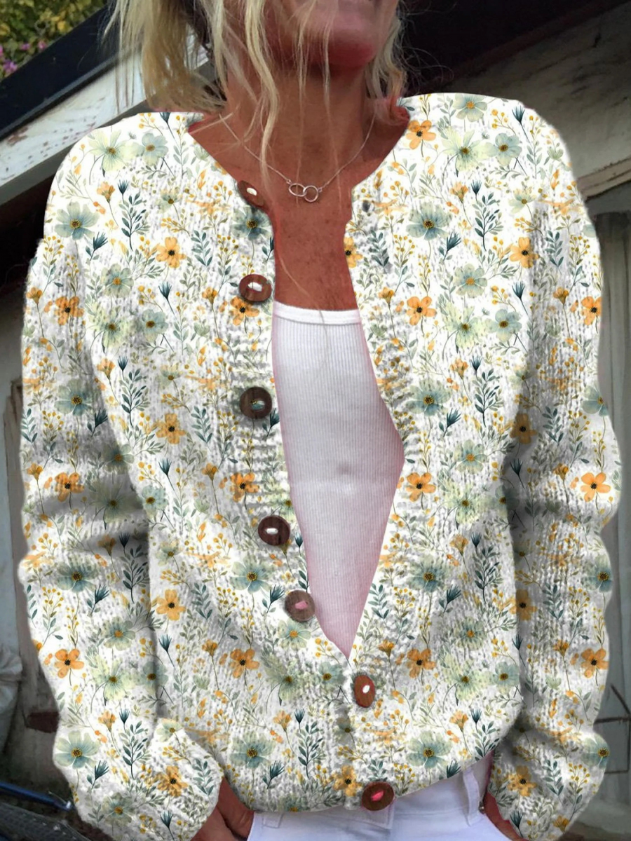 Watercolor French Rose Repeat Pattern Print Buttoned Cardigan Sweater