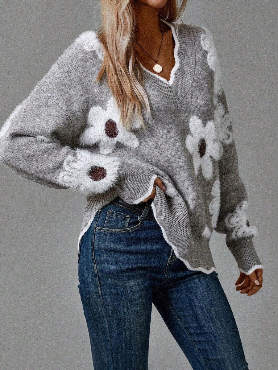 Maya™ | Elegant V-Neck Floral Sweater