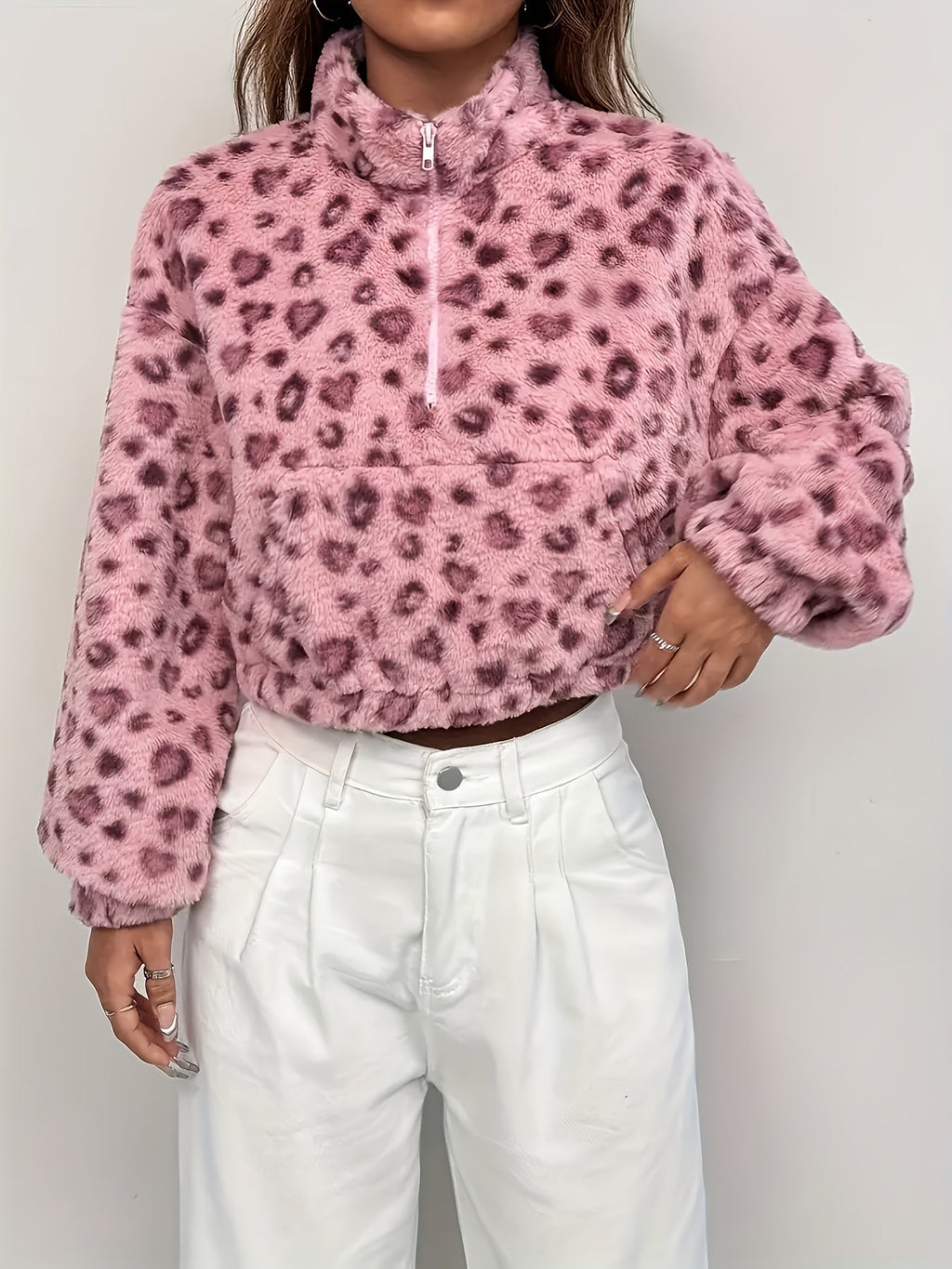 Zaria™ | Leopard Print Zip Fleece Sweatshirt