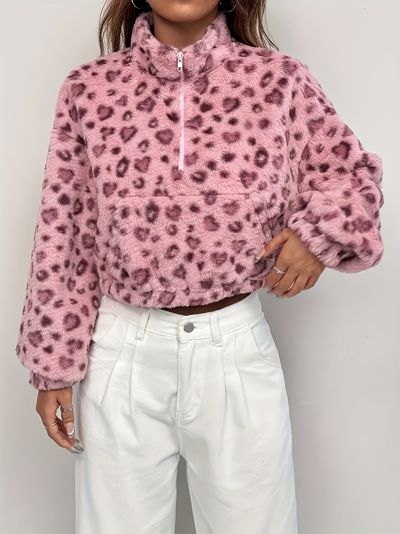 Zaria™ | Leopard Print Zip Fleece Sweatshirt