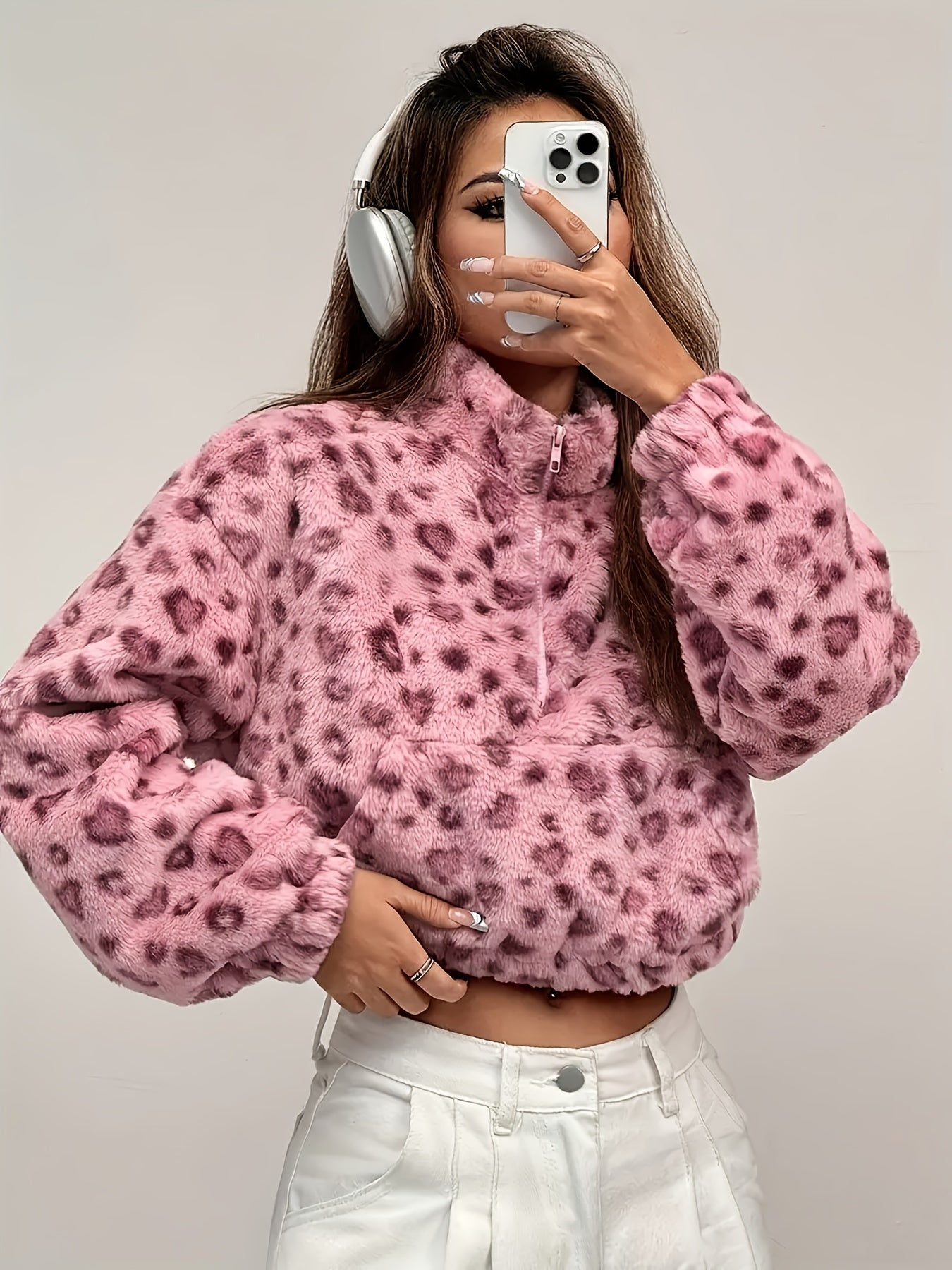 Zaria™ | Leopard Print Zip Fleece Sweatshirt