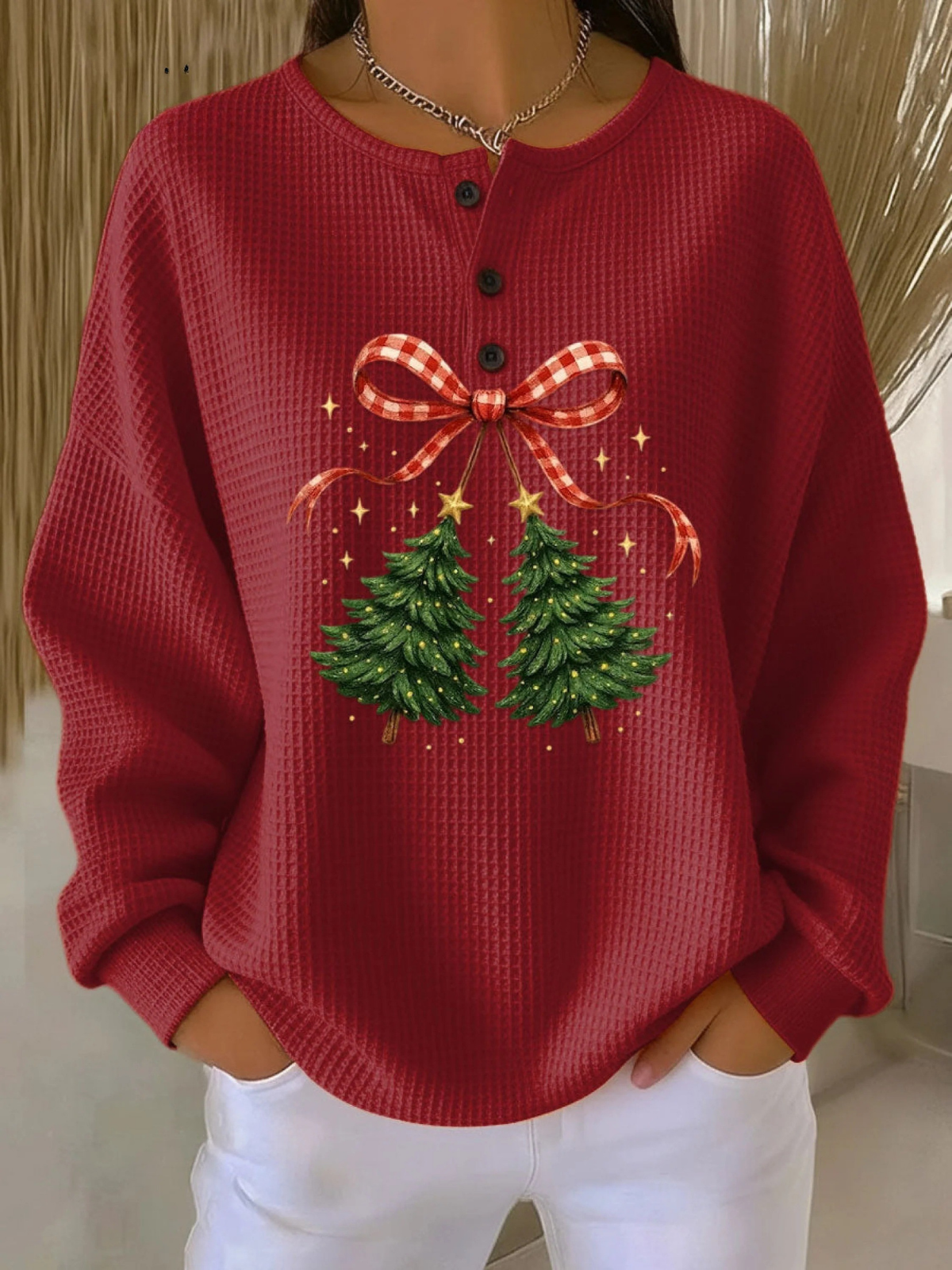 Women's Vintage Christmas Tree Art Print Casual Cotton Shirt