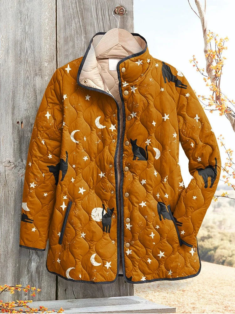 Emily | Casual Quilted Jacket with Black Cat Halloween Print