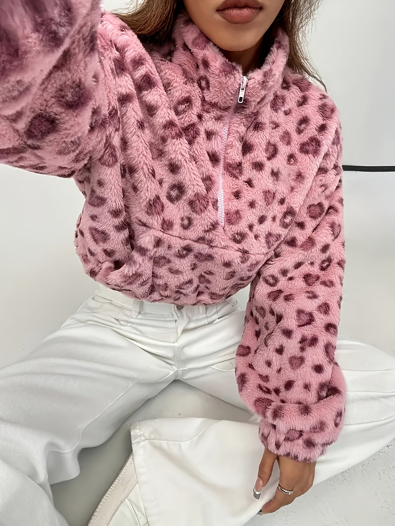 Zaria™ | Leopard Print Zip Fleece Sweatshirt