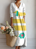 Women's Vintage Dachshund Art Print Linen Pocket Dress