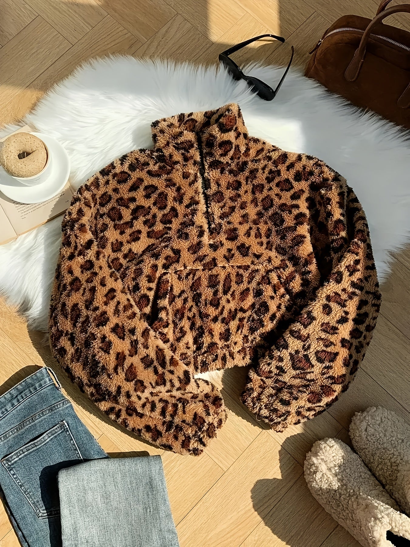 Zaria™ | Leopard Print Zip Fleece Sweatshirt